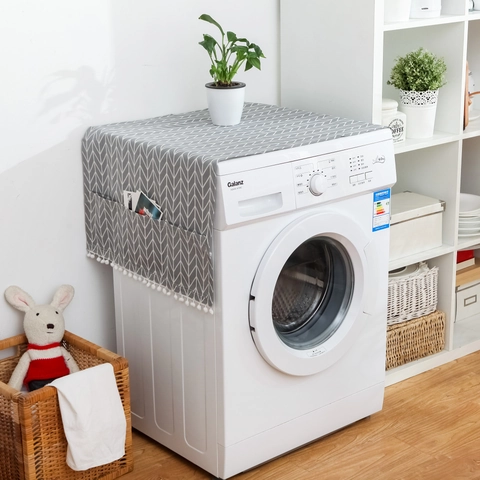 Geometric Printed Fabric Dust Cover For Washing Machine Refrigerator With Side Storage Pockets And Pom Pom Tassel Edges