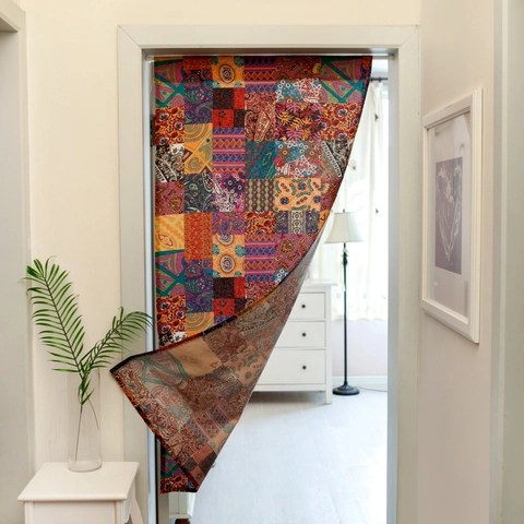 Rideau de Porte Patchwork Bohème en Coton et Lin Cloison Noren pour Chambre à Coucher Salle de Bain Tapisserie Décorative sans Tige