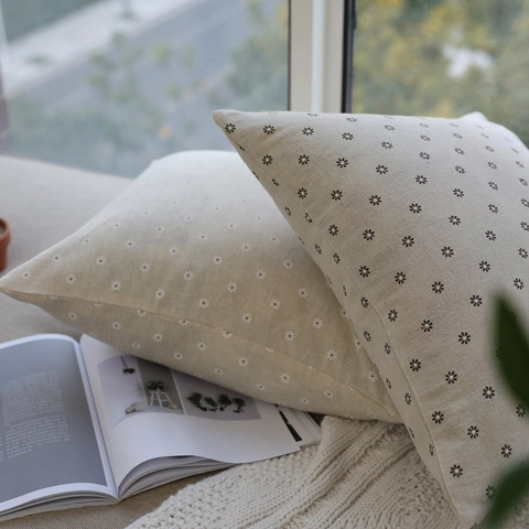 Cotton Linen Japanese Style Daisy Floral Print Cushion Cover Decorative Square Pillowcase For Sofa Couch Home Decor Hidden Zipper