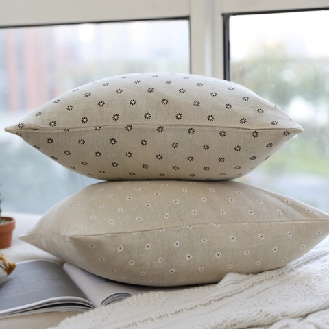 Cotton Linen Japanese Style Daisy Floral Print Cushion Cover Decorative Square Pillowcase For Sofa Couch Home Decor Hidden Zipper