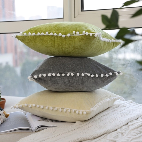 Nordic Style Velvet Decorative Throw Pillowcase Solid Color Square Cushion Cover With Pom-poms For Sofa Home Decor Case Only