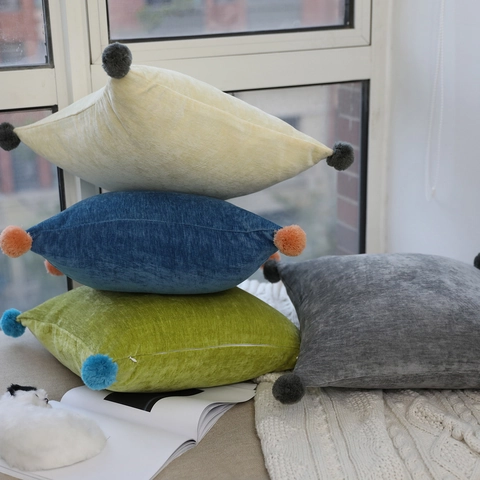 Nordic Style Soft Velvet Pom Pom Pillowcase Square Decorative Cushion Cover Solid Color Invisible Zipper For Sofa Couch