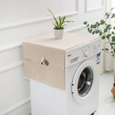 Pastoral Printed Refrigerator Washing Machine Dust Cover With Side Storage Pockets Pom Pom Fringe Polyester Cotton Universal Home Appliance Dust Protector