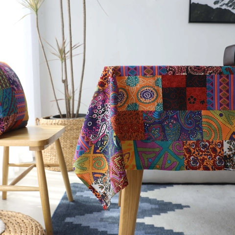 Bohemian Ethnic Style Cotton Linen Tablecloth Vintage American Paisley Geometric Printed Rectangular Table Cover Home Dining Decor