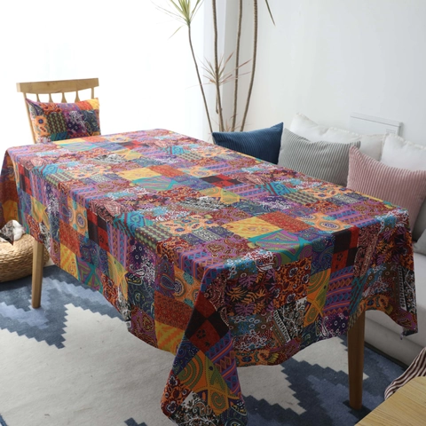 Bohemian Ethnic Style Cotton Linen Tablecloth Vintage American Paisley Geometric Printed Rectangular Table Cover Home Dining Decor