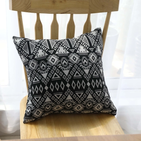 Fodera per Cuscino Geometrica Etnica Bohemien Bianca e Nera Stampata Quadrata in Misto Cotone Poliestere Decorativa