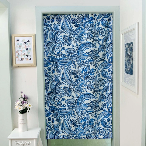 Japanese Style Cotton Linen Door Curtain Floral Printed Privacy Partition Hanging Curtain For Kitchen Entryway Home Decor
