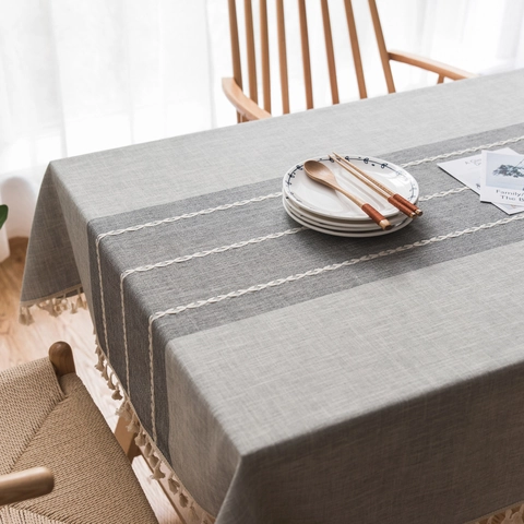 Mantel Bordado de Poliéster Estilo Nórdico Con Flecos Rectangular Gris Café Azul Verde Rayas Cuadros Cubierta de Mesa para Decoración Hogar