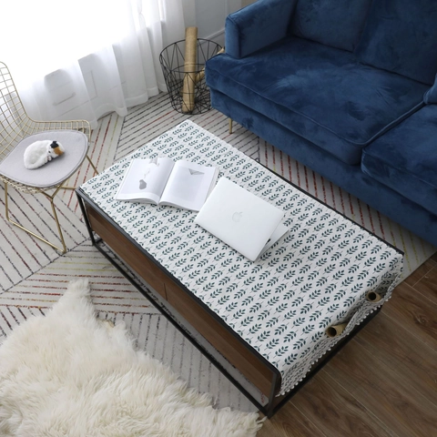 Chemin de Table en Polyester Coton Style Nordique Avec Pompons et Poches Latérales Nappe de Table Basse Botanique Rectangulaire