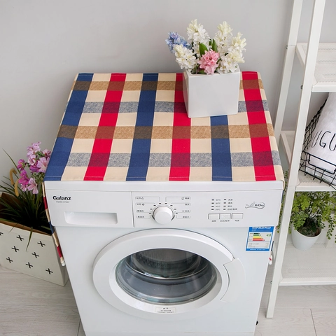 Coprilavatrice Nordico a Quadri Copertura Antipolvere per Frigorifero Con Tasche Laterali Bordo con Pompon Poliestere Cotone Copertura Decorativa