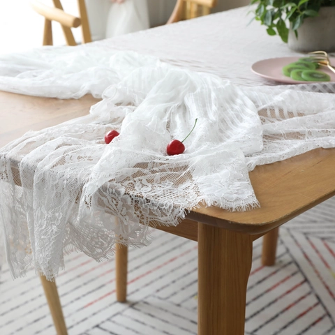 Nappe en Dentelle Blanche Nordique Rectangulaire Bordure de Cils Fibre de Polyamide Floral Ajouré Chemin de Table pour Maison Mariage