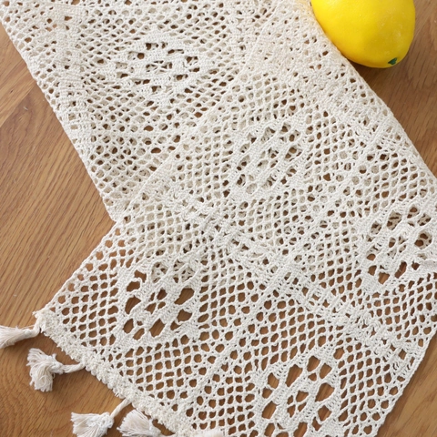 Runner da Tavolo Vintage in Pizzo all'Uncinetto Cotone Poliestere Traforato Con Nappine Decorazione Boho per Sala da Pranzo Casa