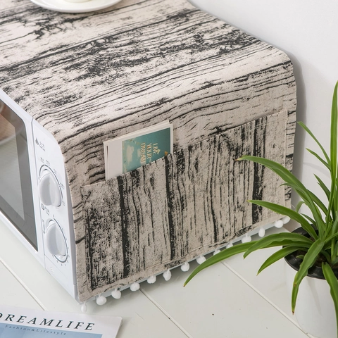 Copertura Antipolvere per Microonde Retro a Venatura del Legno in Finto Cotone e Lino Con Pompon e Tasche Portaoggetti Decorazione Casa