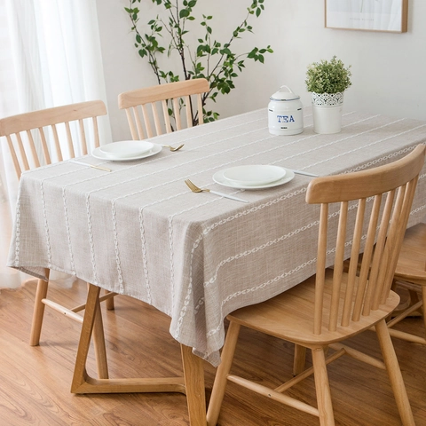 Mantel Moderno Minimalista con Rayas Bordadas Poliéster Aspecto Lino Rectángulo Cubierta de Mesa Para Comedor Hogar