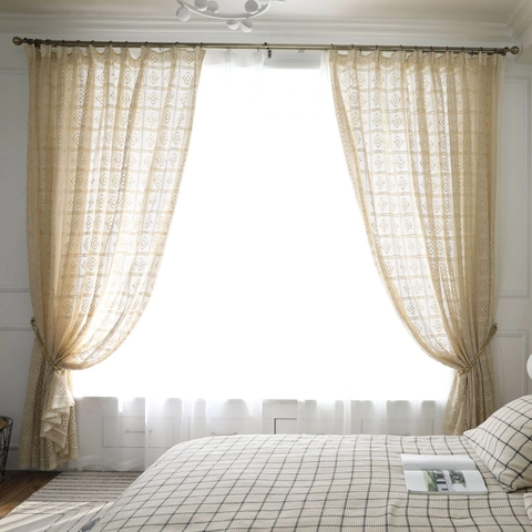 Tende in Cotone Pizzo Uncinetto Traforato Stile Country Francese Beige Bianco Reticolo Filtraggio Luce per Soggiorno