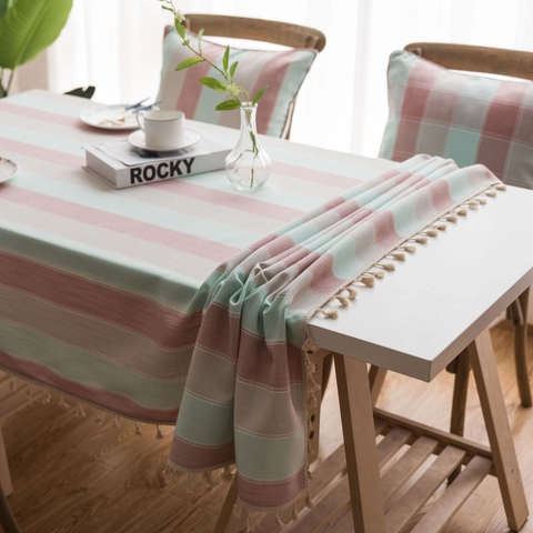 Mantel de Poliéster Impermeable a Rayas Estilo Nórdico Con Decoración de Borlas Cubierta Rectangular Moderna para Mesa de Comedor