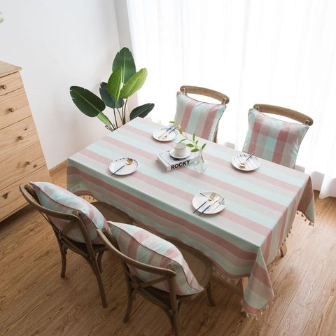 Mantel de Poliéster Impermeable a Rayas Estilo Nórdico Con Decoración de Borlas Cubierta Rectangular Moderna para Mesa de Comedor