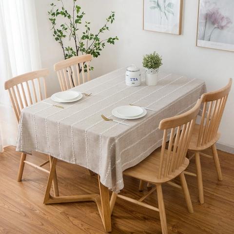 Mantel Moderno Minimalista con Rayas Bordadas Poliéster Aspecto Lino Rectángulo Cubierta de Mesa Para Comedor Hogar