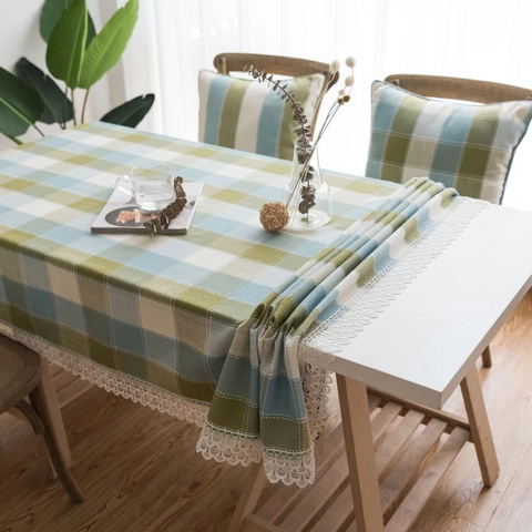 Pastoral Karomuster Tischdecke Mit Spitzenbesatz Kunstfaser Garngefärbt Rechteckige Tischabdeckung Für Esszimmer Heimdekoration
