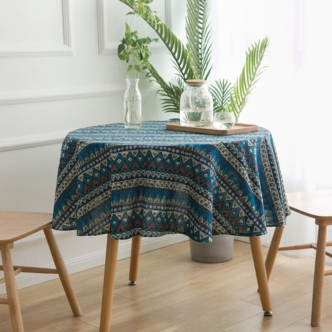 Nappe Ronde en Coton et Lin Bohême Imprimé Ethnique Géométrique Style Méditerranéen Lavable pour Décoration de Salle à Manger