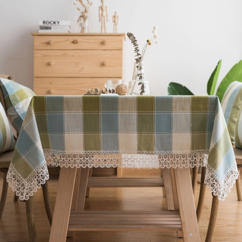 Pastoral Karomuster Tischdecke Mit Spitzenbesatz Kunstfaser Garngefärbt Rechteckige Tischabdeckung Für Esszimmer Heimdekoration