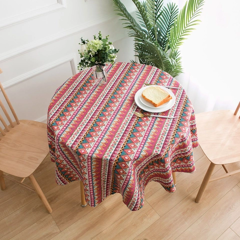 Nappe Ronde En Coton Et Lin Style Bohême Motif Géométrique Nordique Anti-poussière Décorative Lavable Couvre-table De Cuisine