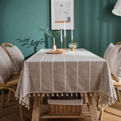 Mantel Rectangular de Poliéster Efecto Lino Estilo Rural Americano Con Borlas y Rayas para Comedor Mesa de Café