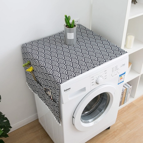 Japanese Cotton Linen Washing Machine Dust Cover Refrigerator Top Towel With Side Storage Pockets Pom Pom Fringe Fabric Decor