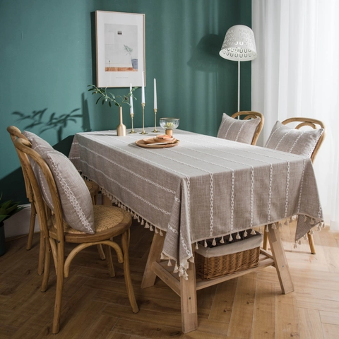 Mantel Rectangular de Poliéster Efecto Lino Estilo Rural Americano Con Borlas y Rayas para Comedor Mesa de Café