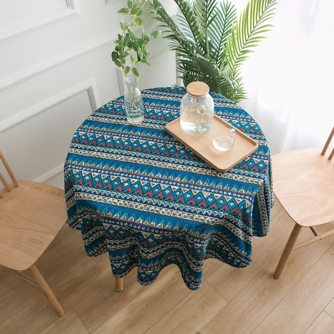 Nappe Ronde en Coton et Lin Bohême Imprimé Ethnique Géométrique Style Méditerranéen Lavable pour Décoration de Salle à Manger