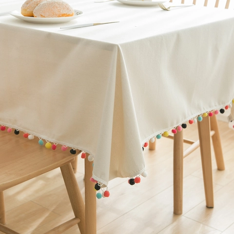 Mantel Beige de Algodón y Lino Minimalista Nórdico Con Flecos de Pompones Coloridos Rectangular Mantel de Mesa de Comedor Decorativo