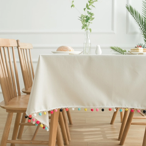 Mantel Beige de Algodón y Lino Minimalista Nórdico Con Flecos de Pompones Coloridos Rectangular Mantel de Mesa de Comedor Decorativo