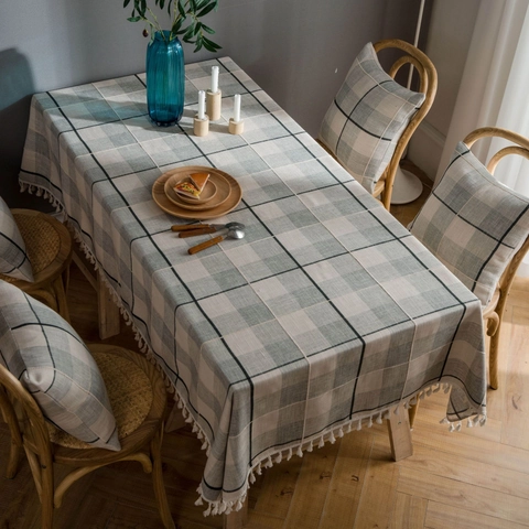 Mantel Minimalista Moderno a Cuadros Gris Con Borde de Borlas Blancas Poliéster Rectangular Cubierta de Mesa Antipolvo para Cocina