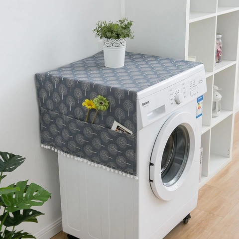 American Rustic Cotton Linen Appliance Dust Cover For Refrigerator Washing Machine With Pockets Pom-pom Trim Tree Printed Pattern