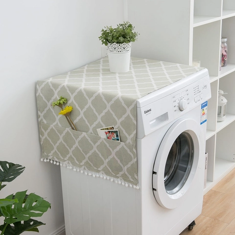 Modern Minimalist Cotton Linen Washing Machine Refrigerator Dust Cover Geometric Pattern Protector With Pockets Pom-pom Trim