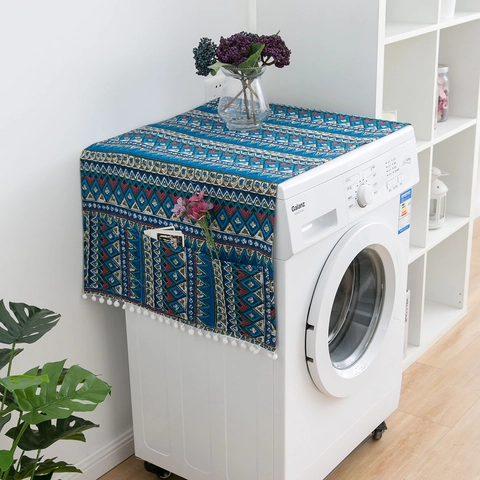 Copertura Antipolvere per Frigorifero in Cotone e Lino Boho Coprilavatrice con Tasche e Nappe Motivo Geometrico Decorazione Casa