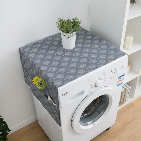 American Rustic Cotton Linen Appliance Dust Cover For Refrigerator Washing Machine With Pockets Pom-pom Trim Tree Printed Pattern