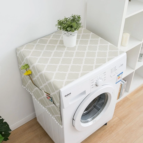 Modern Minimalist Cotton Linen Washing Machine Refrigerator Dust Cover Geometric Pattern Protector With Pockets Pom-pom Trim