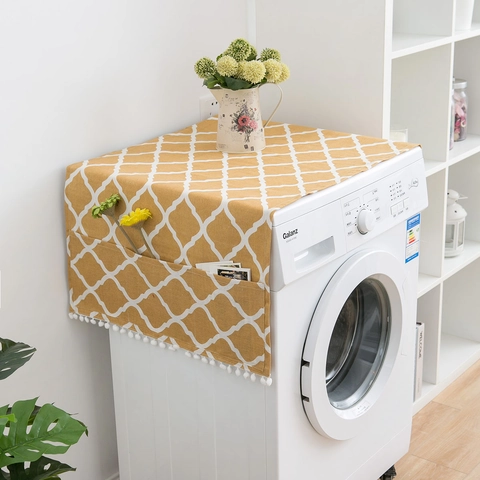 Retro Cotton Linen Washing Machine Dust Cover Refrigerator Protector With Side Pockets Pom-pom Fringe Nordic Geometric Top Lid