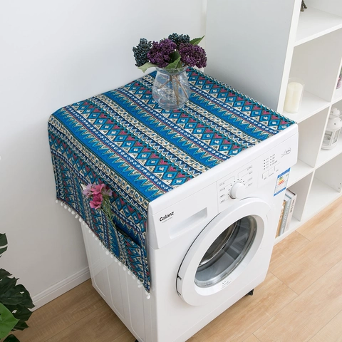 Copertura Antipolvere per Frigorifero in Cotone e Lino Boho Coprilavatrice con Tasche e Nappe Motivo Geometrico Decorazione Casa