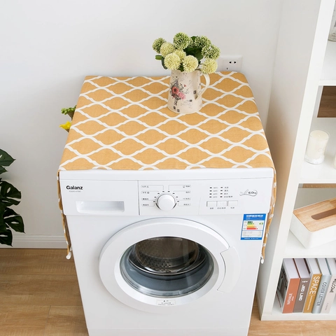 Retro Cotton Linen Washing Machine Dust Cover Refrigerator Protector With Side Pockets Pom-pom Fringe Nordic Geometric Top Lid