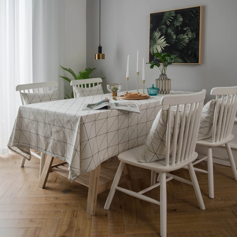 Mantel de Cuadrícula Geométrica Minimalista Moderno Mezcla de Algodón y Lino Antipolvo Rectangular Para Comedor Hogar