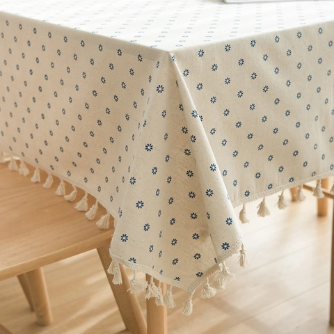 Pastoral Blue Daisy Printed Polyester Cotton Tablecloth Rectangular Table Cover With Tassel Fringe For Home Dining Room Decoration