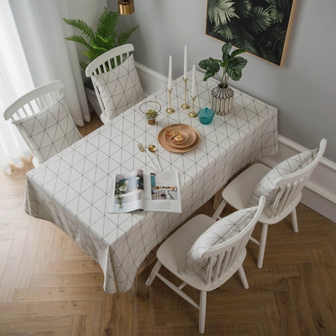 Mantel de Cuadrícula Geométrica Minimalista Moderno Mezcla de Algodón y Lino Antipolvo Rectangular Para Comedor Hogar