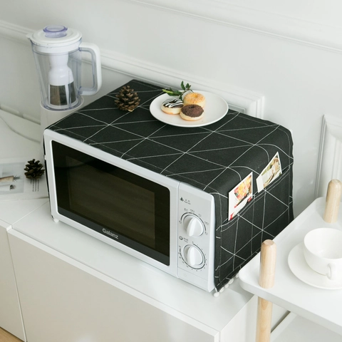Copertura Antipolvere Moderna Geometrica per Microonde Con Tasche Laterali in Tessuto di Cotone Lino Protezione per Forno Elettrico