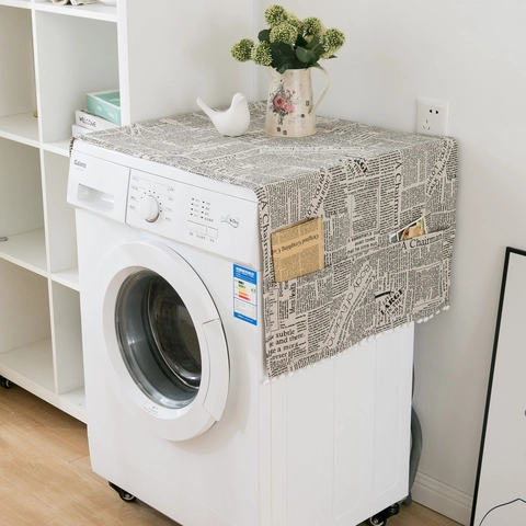 Cotton Linen Washing Machine Dust Cover With Side Storage Pockets Tassels Nordic Geometric Newspaper Refrigerator Top Cover