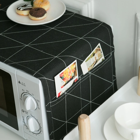Copertura Antipolvere Moderna Geometrica per Microonde Con Tasche Laterali in Tessuto di Cotone Lino Protezione per Forno Elettrico