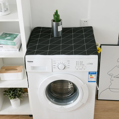 Cotton Linen Washing Machine Cover Refrigerator Dust Cover Geometric Pattern with Side Pockets Pom-pom Tassels Home Decor