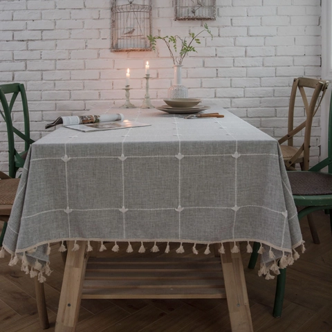 Mantel Bordado Impermeable Estilo Nórdico Con Borlas a Cuadros Poliéster Cubierta de Mesa Rectangular Para Decoración de Comedor