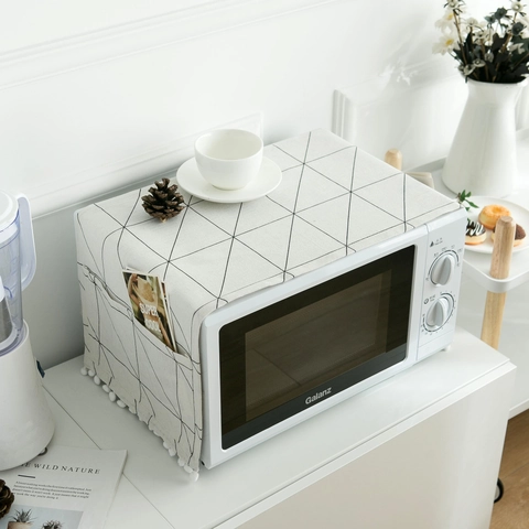Nordic Minimalist Cotton Linen Microwave Dust Cover With Side Pockets Pom-pom Trim Geometric Refrigerator Top Protector